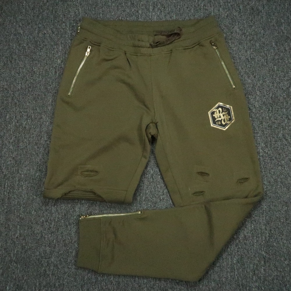 Rock Revial Pants Men Large Green Sweat Joggers Athletic Zip Pocket Distressed